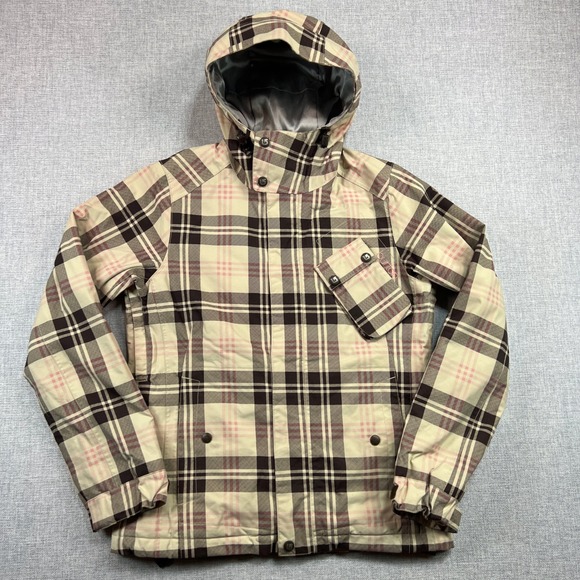 Burton Women XS Snowboard Ski Jacket Hooded Tan Pink Plaid Insulated Waterproof - Picture 1 of 14